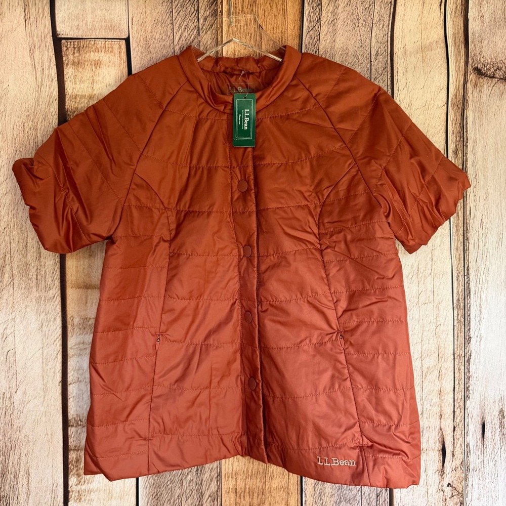 L.L.Bean Short Sleeve Collarless Puffer Jacket Sienna Clay Outdoors Layer XS NWT